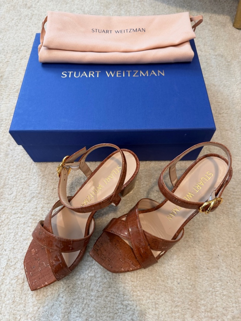 Stuart Weitzman Brown Cork-Texture Strappy Slingback Heels 8.5